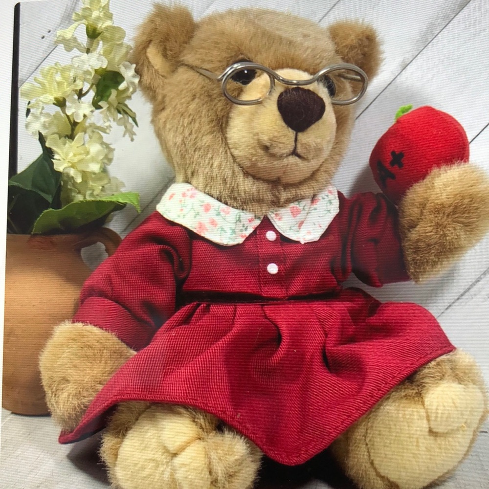 Vintage Stuffed A+ Teacher Teddy Bear with glasses and holding apple - #206
